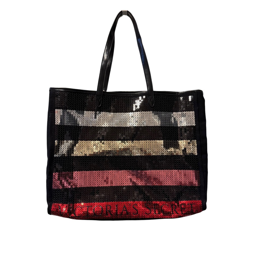 Victoria Secret Sequin Stripe Tote Bag Black Canvas Silver Gold Pink Red Large